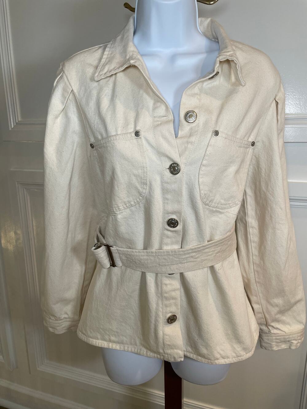 Zara Womens Beige Puff Sleeve Denim Jacket with Belt Size M